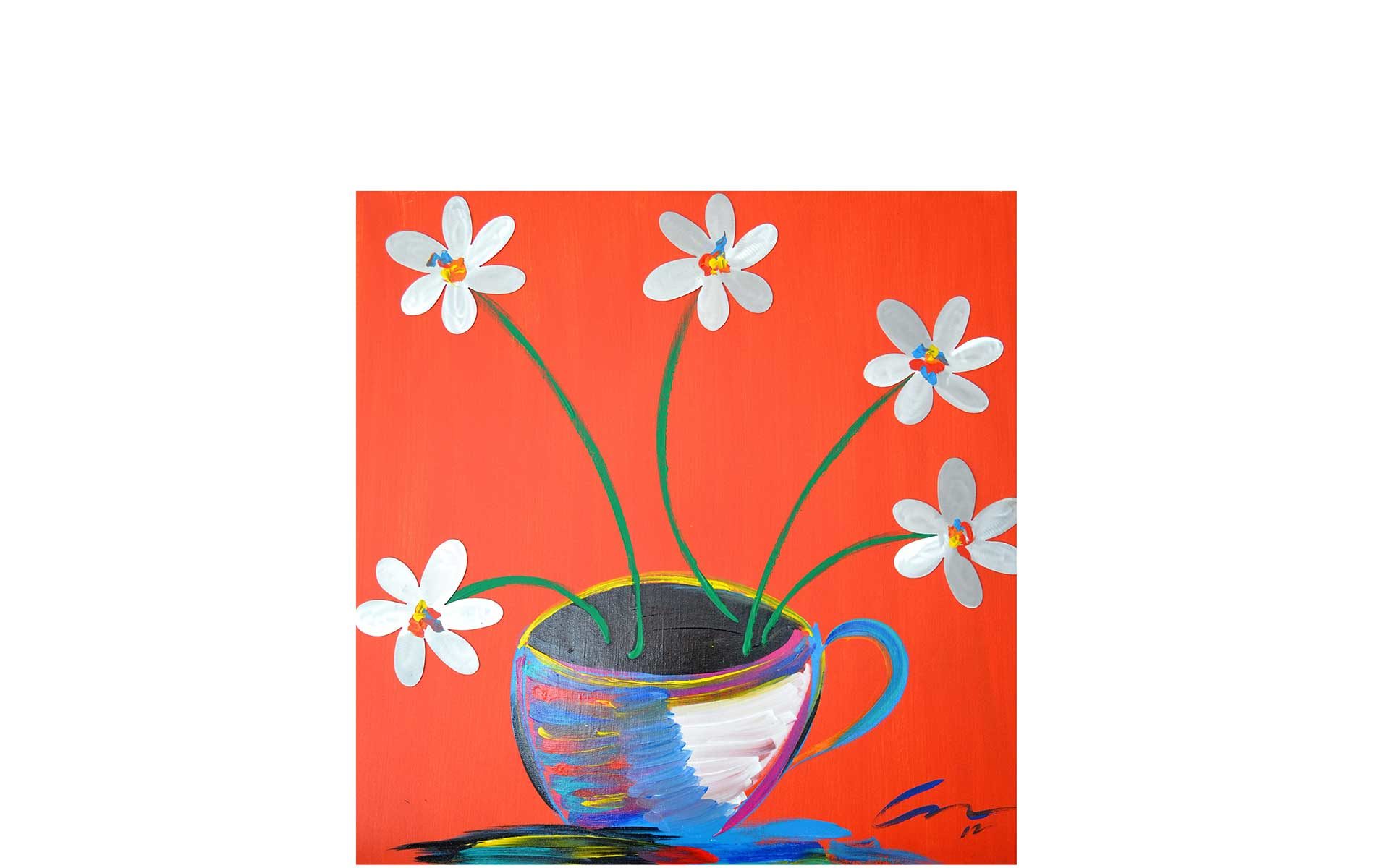 Image of a painting depicting a multiple colored mug holding white flowers with multi-colored centers on a background of red.