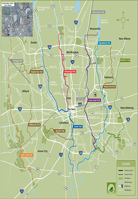 A color-coded map of various bike trails in the greater metropolitan area